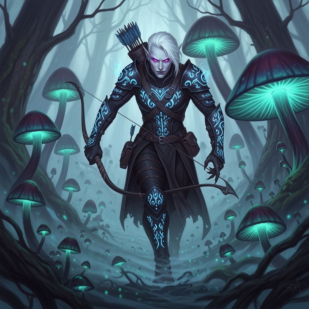 Albino Drow Hunter in Bioluminescent Mushroom Forest