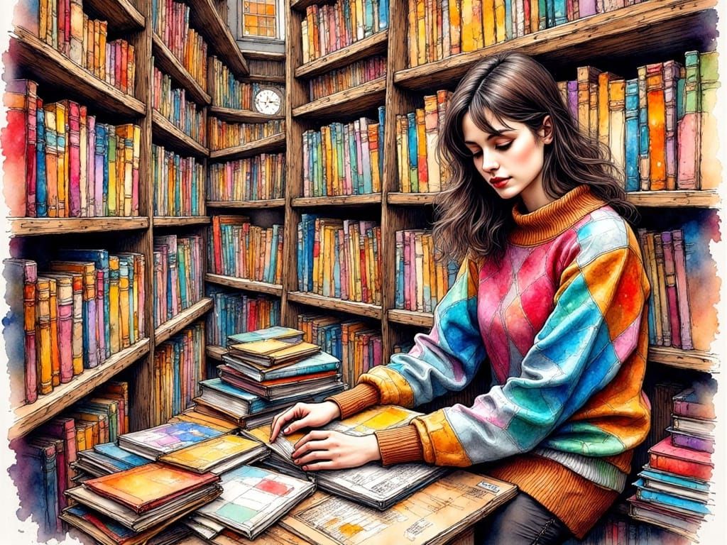 Young Explorer Amidst Ancient Tomes in Whimsical Ink Drawing