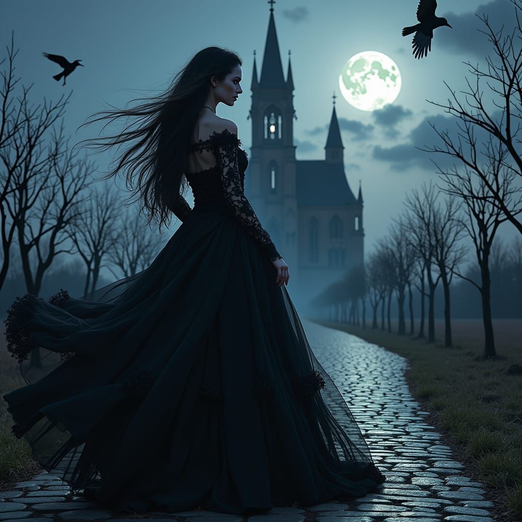 Gothic Beauty Before Black Cathedral in Twilight