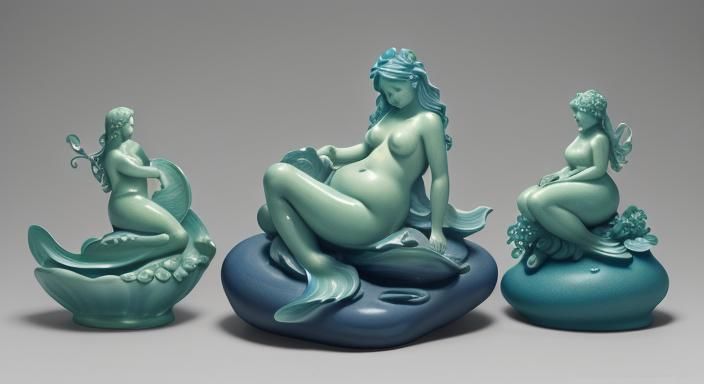 Pottery Vase with Sculpted Mermaids and Waves