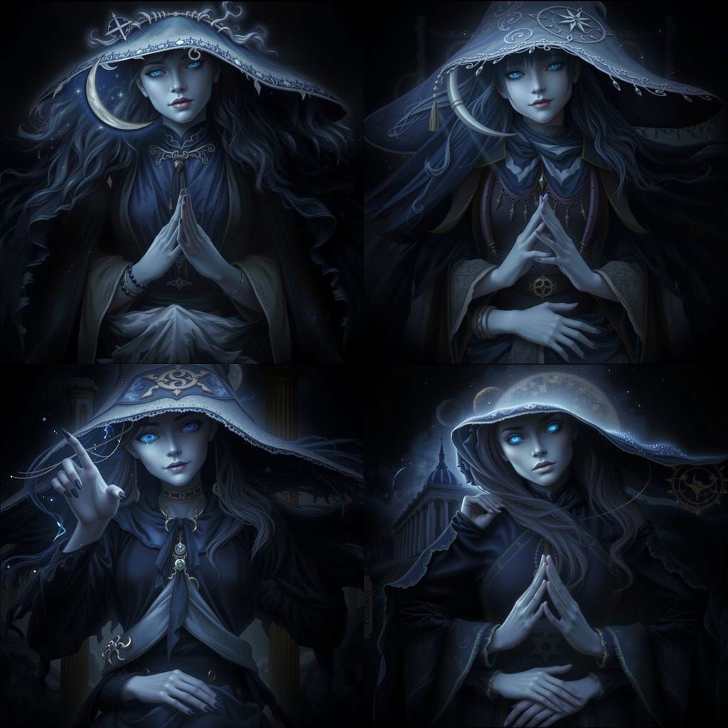 Ethereal Blue-Lit Lunar Witch in Mystical Moonlit Expanse