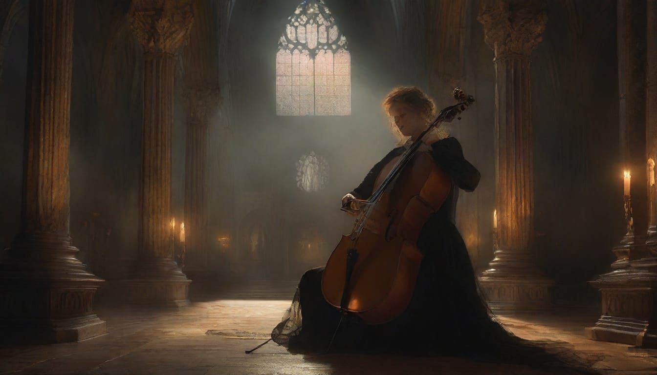Woman Playing Cello in Gothic Cathedral, Mystical Oil Painti...