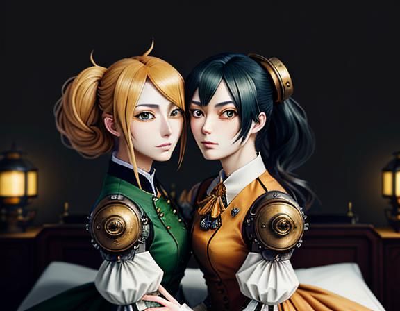 Steampunk Manga: Twin Kemono Sisters Kissing
