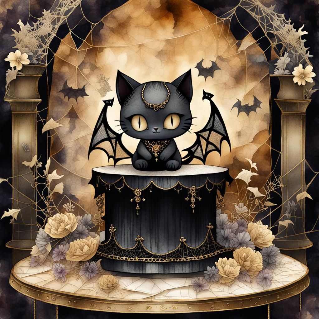 Chibi Devil Cat in Whimsical Gothic Style