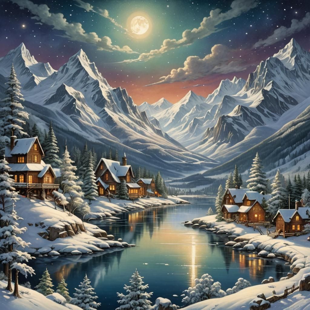 Winter Mountain Lake in Thomas Nast Style