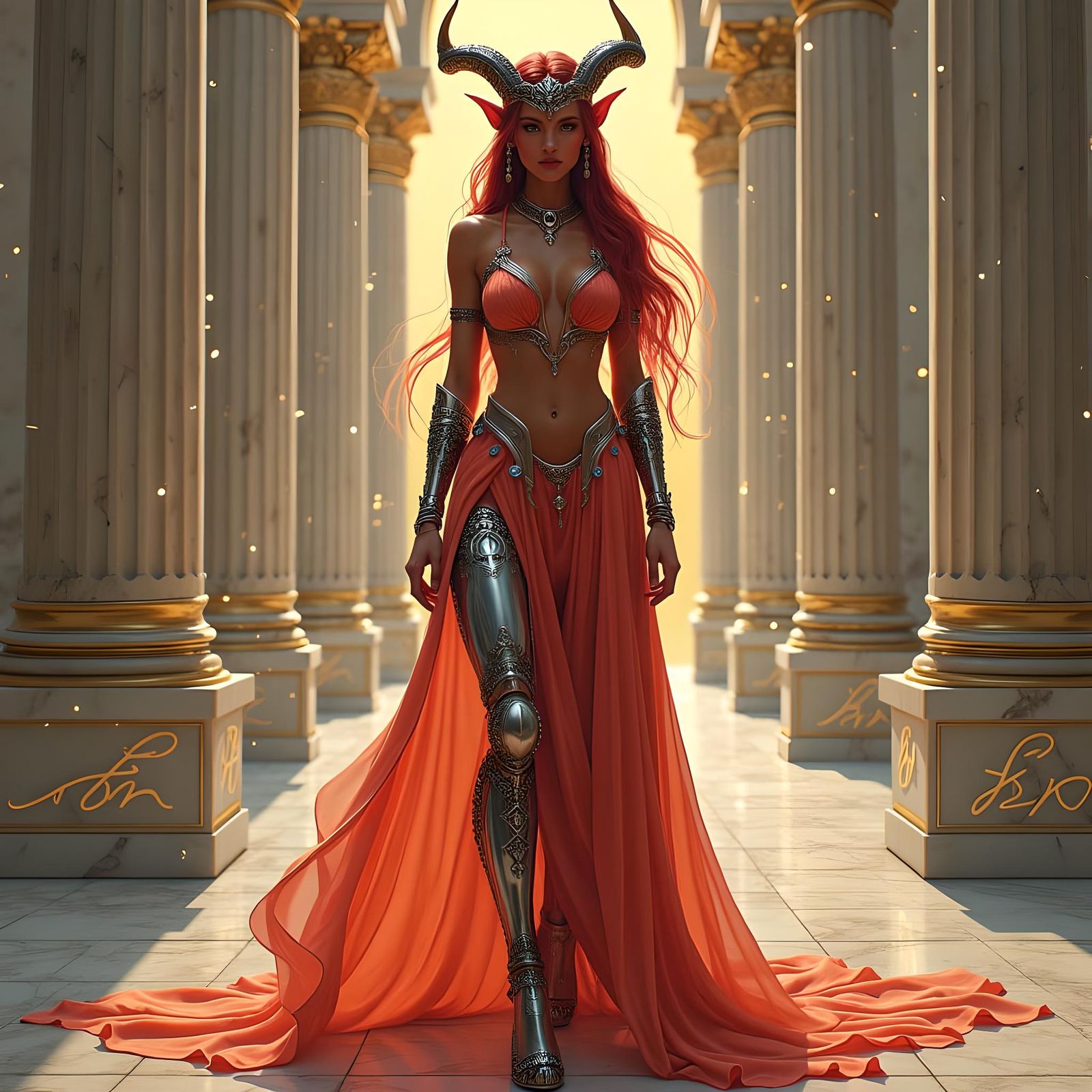 Elegant Demon Lady with Metal Limbs in Grand Hall