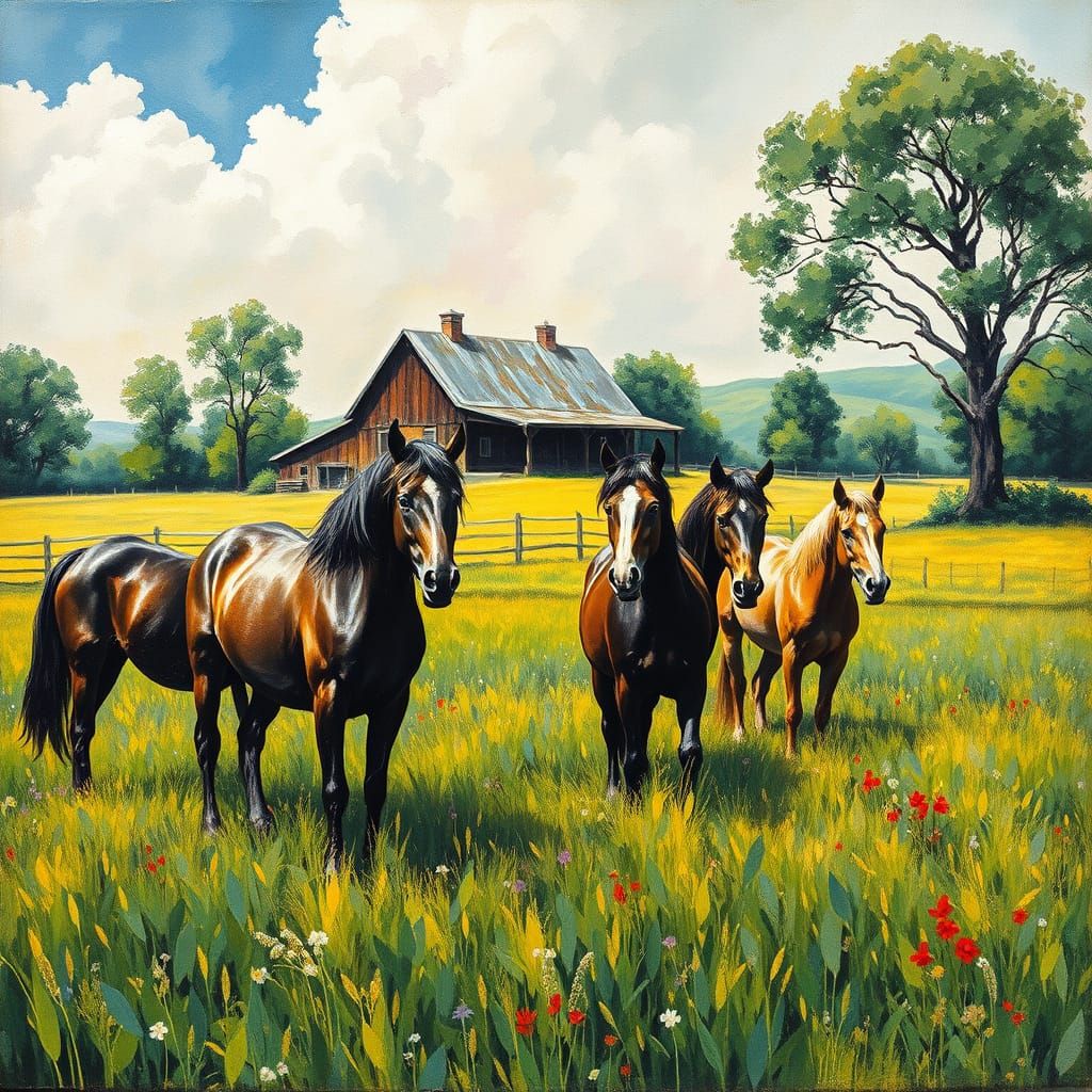 Rustic Farm with Horses in Vibrant, Impressionist Landscape