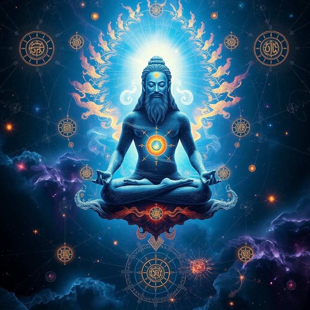 Cosmic Guru Meditating in Nebula, Fractal Patterns, Celestia...