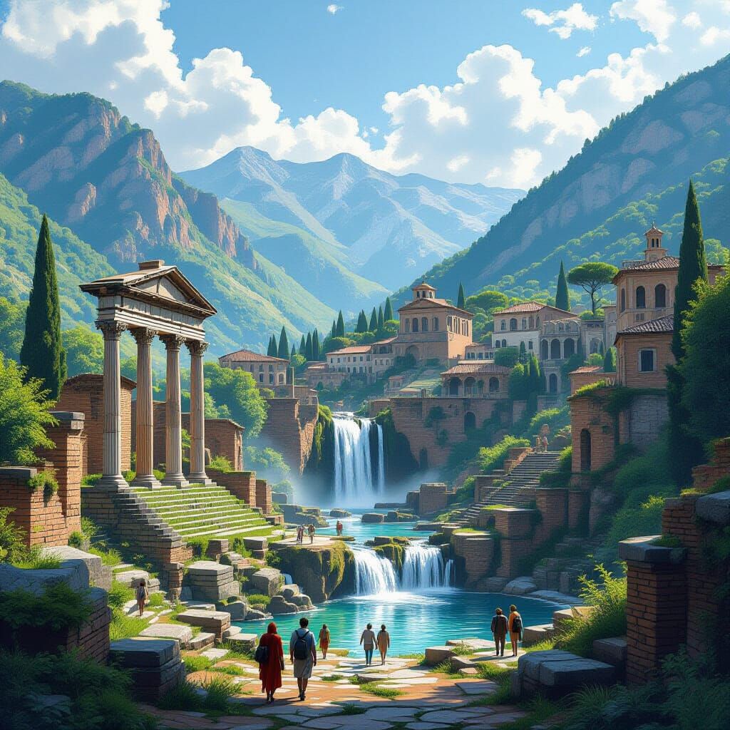 Roman Ruins in Verdant Landscape, Detailed Digital Art