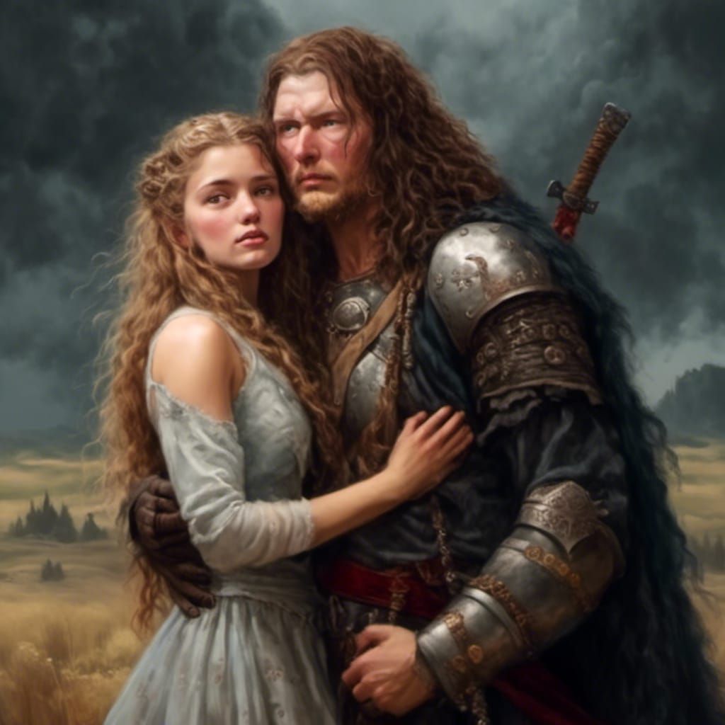 portrait of a brunette rune tattoed viking girl hugging a wh...