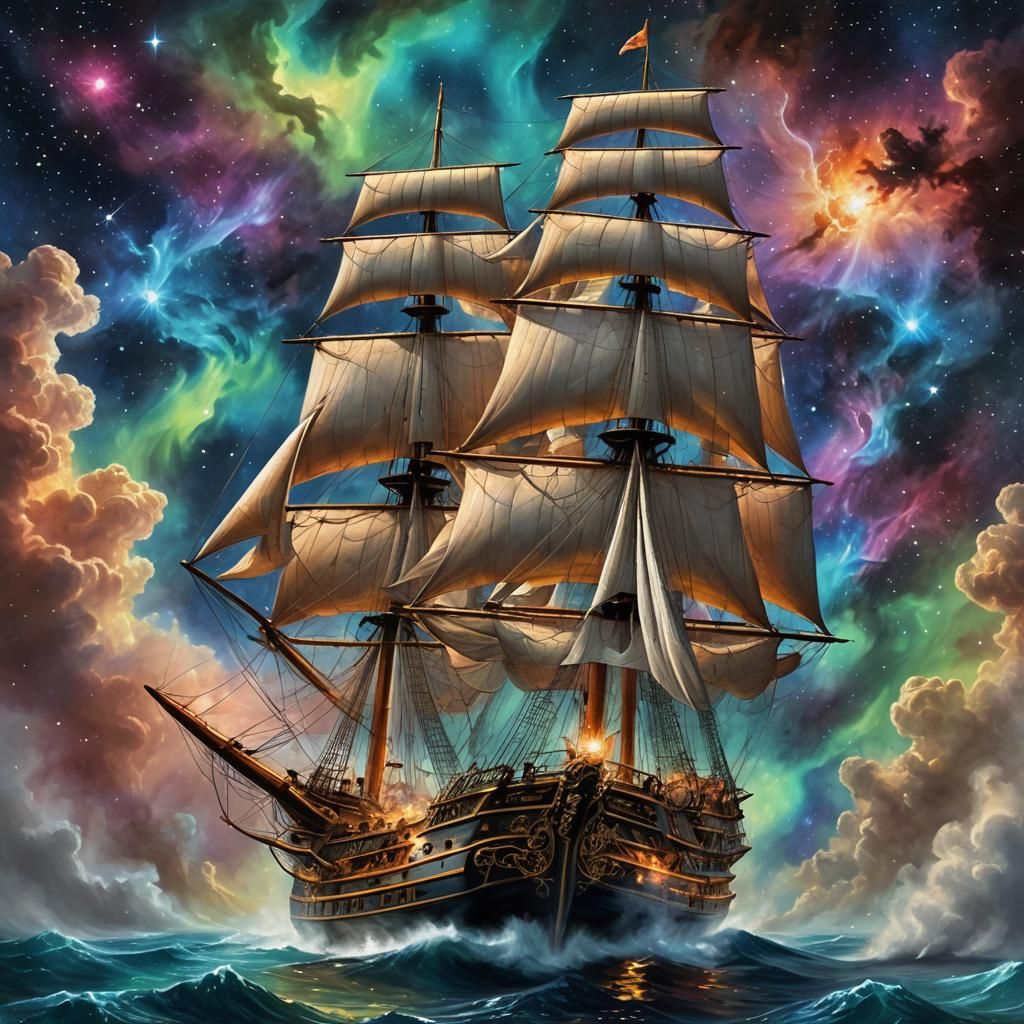 Mystical Spacefaring Vessel Sailing Through Nebula