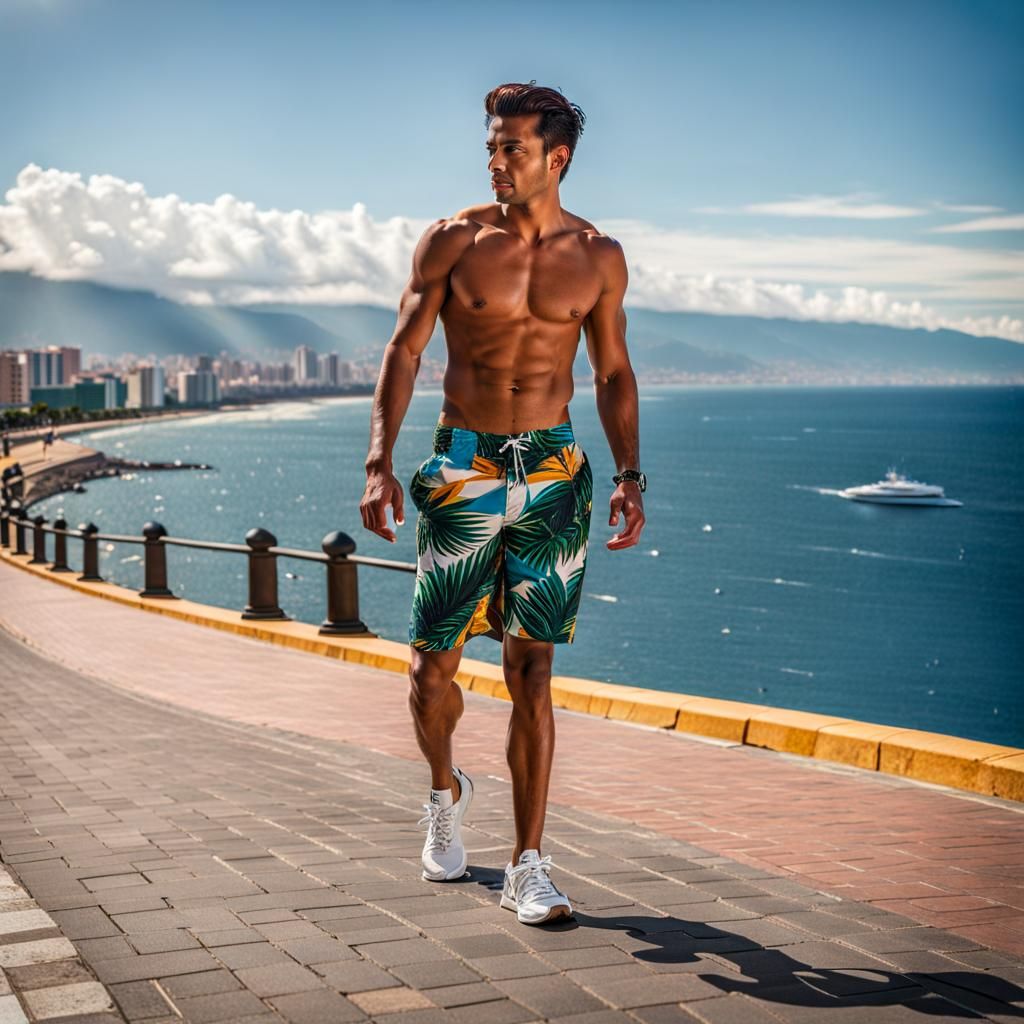 Shirtless Man Walks the Malecón in Puerto Vallarta