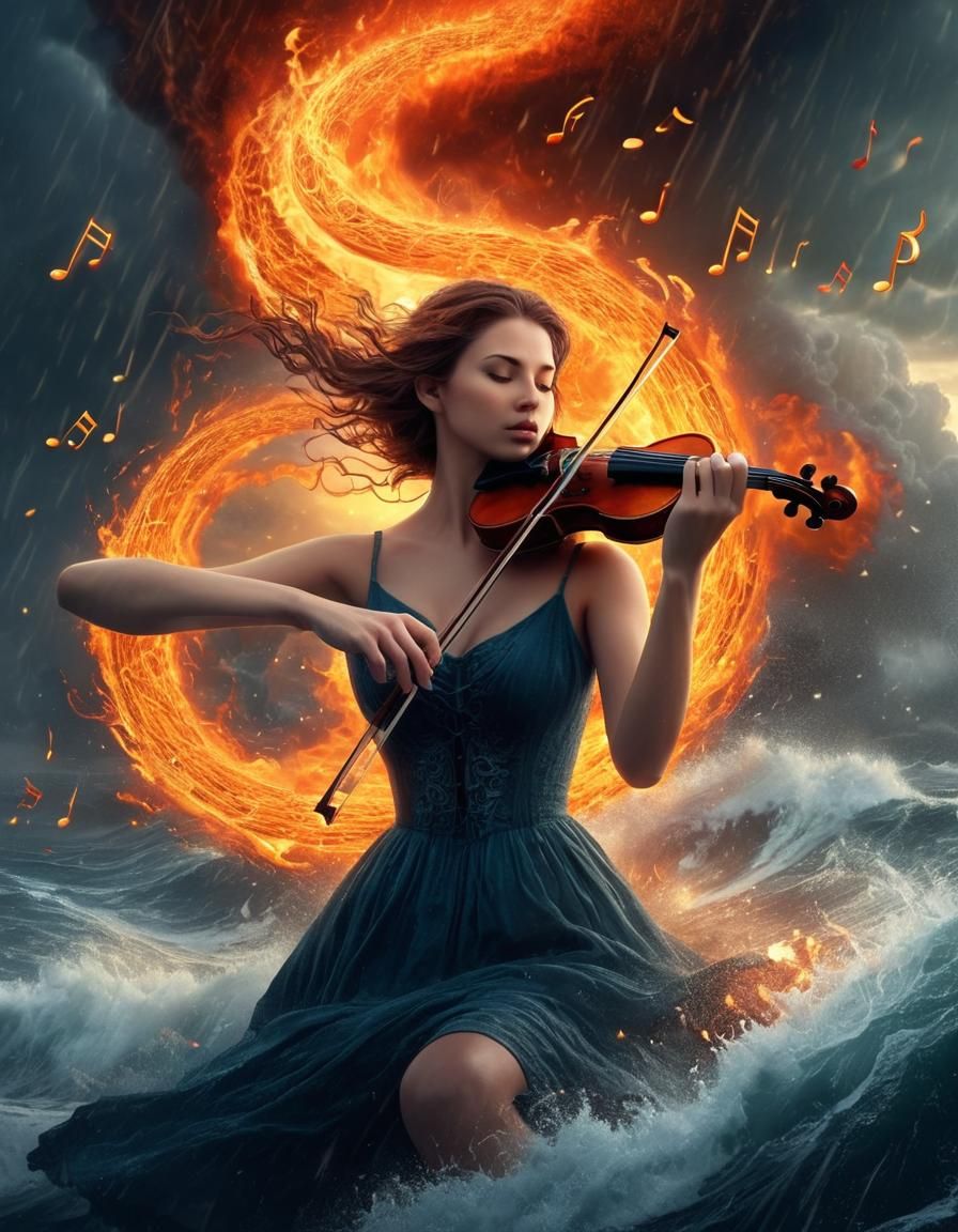 Violinist Creates Fire Whirlwind in Ocean Tempest