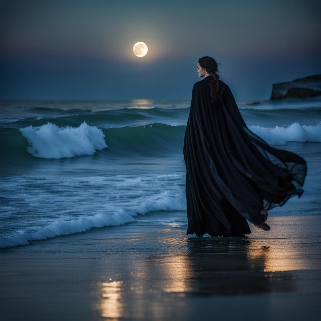 Goddesses Walking by Ocean Under Starry Sky