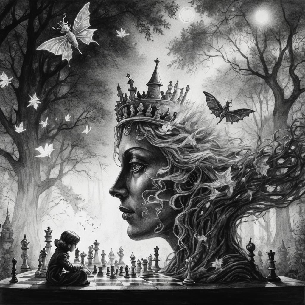 Halloween Kids Crayon drawings ,surreal autumnal child's drawing Halloween chess wonderland, fairy chess , rayograph ...