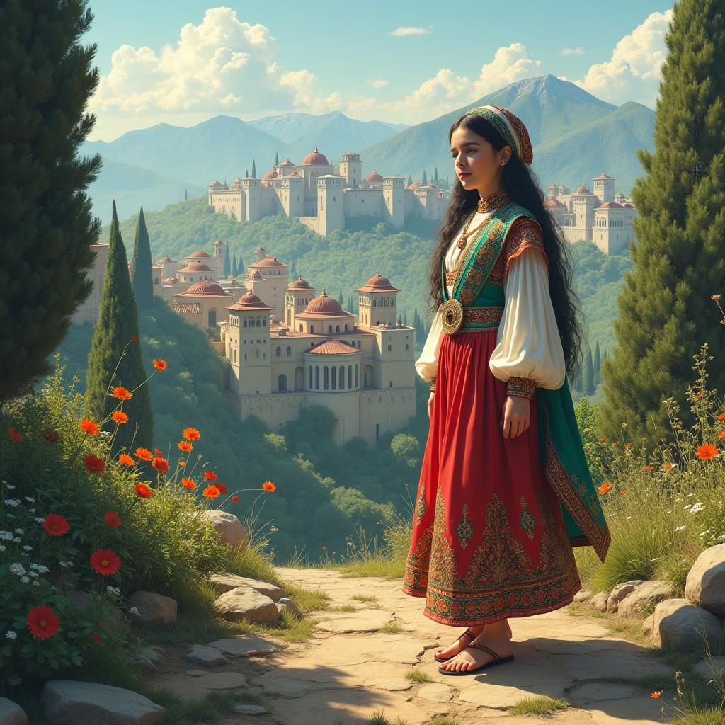 Azerbaijani Girl in Dreamlike Landscape, Digital Matte Paint...