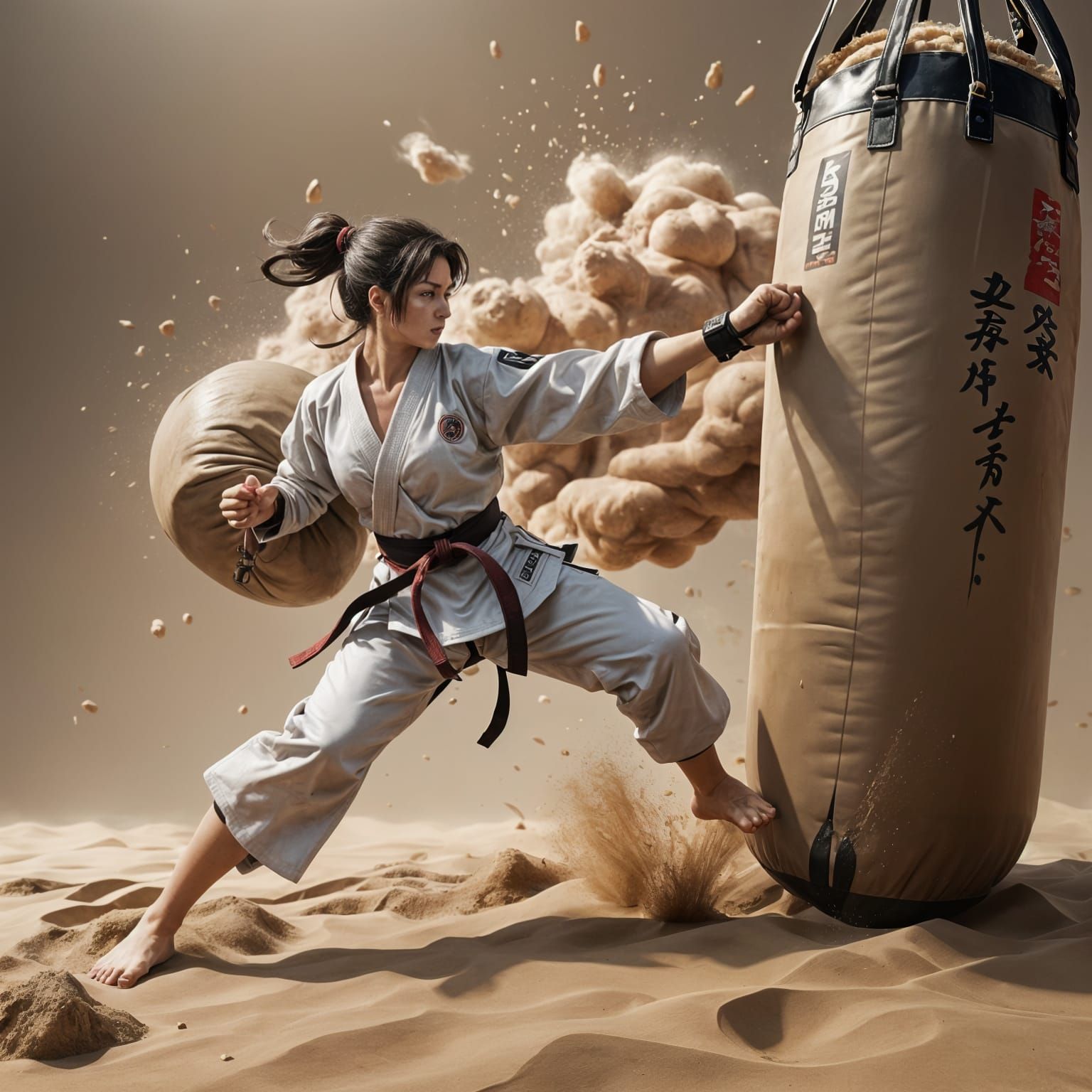 Dynamic Karate Kick Bursts Sandbag: Anime 3D Art