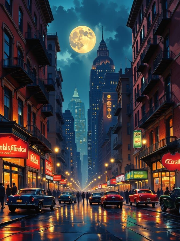 1930s City Street at Dusk in Noir Art Deco Style