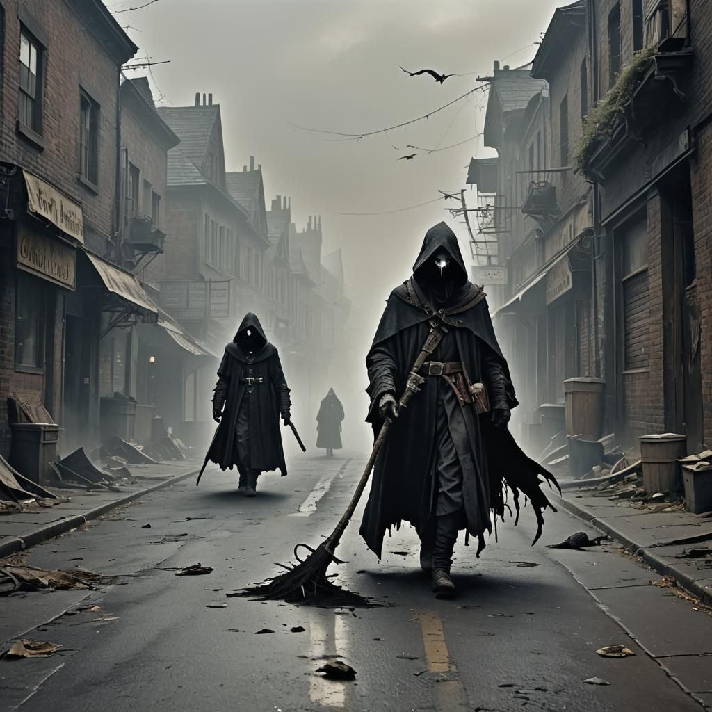 Plague Doctor in Abandoned Street: Dark Fantasy Art