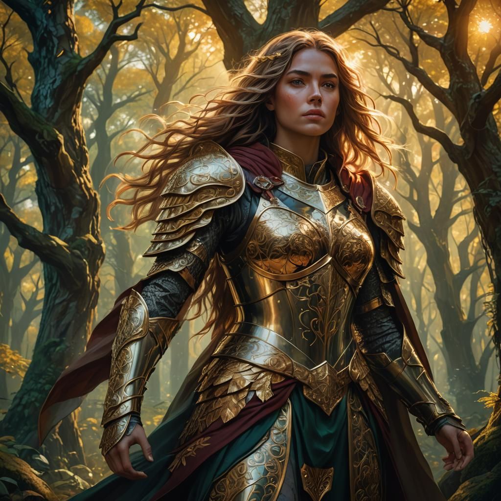 Armored Woman in Mystical Forest: Art Nouveau Digital Art