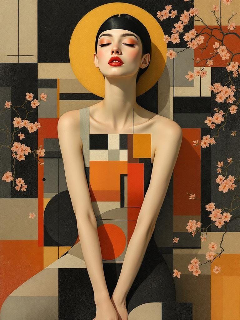 Abstract Pin-Up in Geometric Garden, Elegant Portraiture