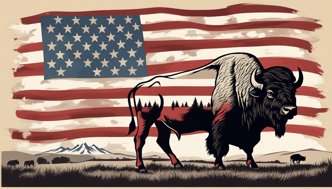 Buffalo Silhouette with Scenic Landscape and American Flag