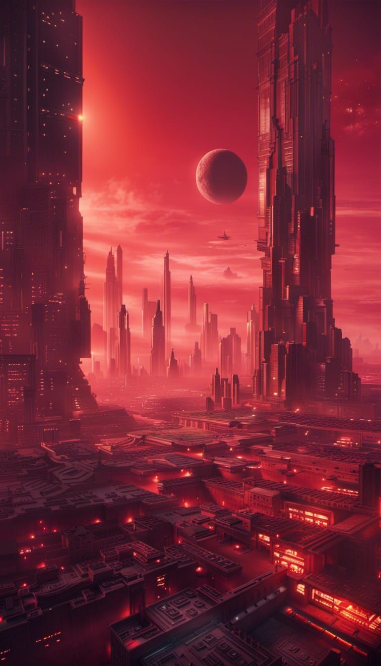 Mega Sci-Fi City with Red Sky in 4K