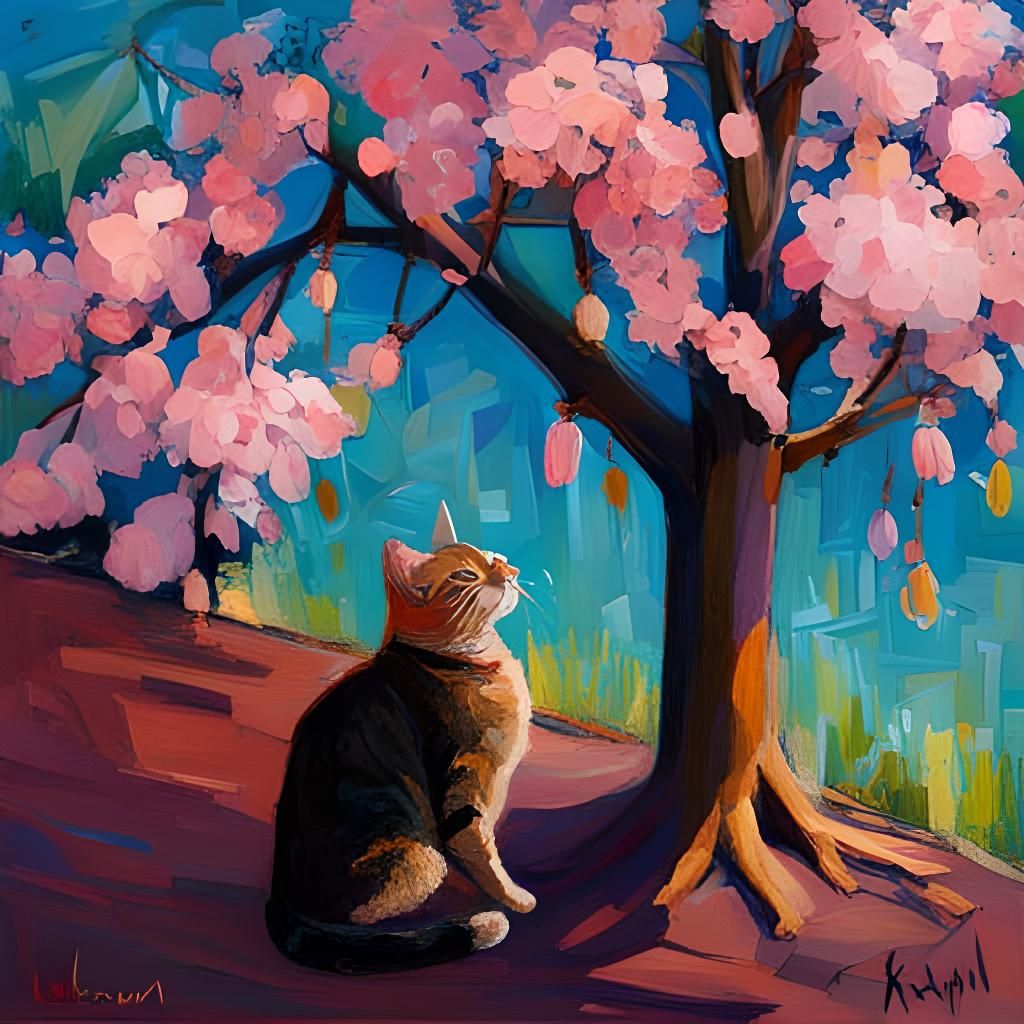 Cat in Cherry Blossoms: Impasto-Style Painting