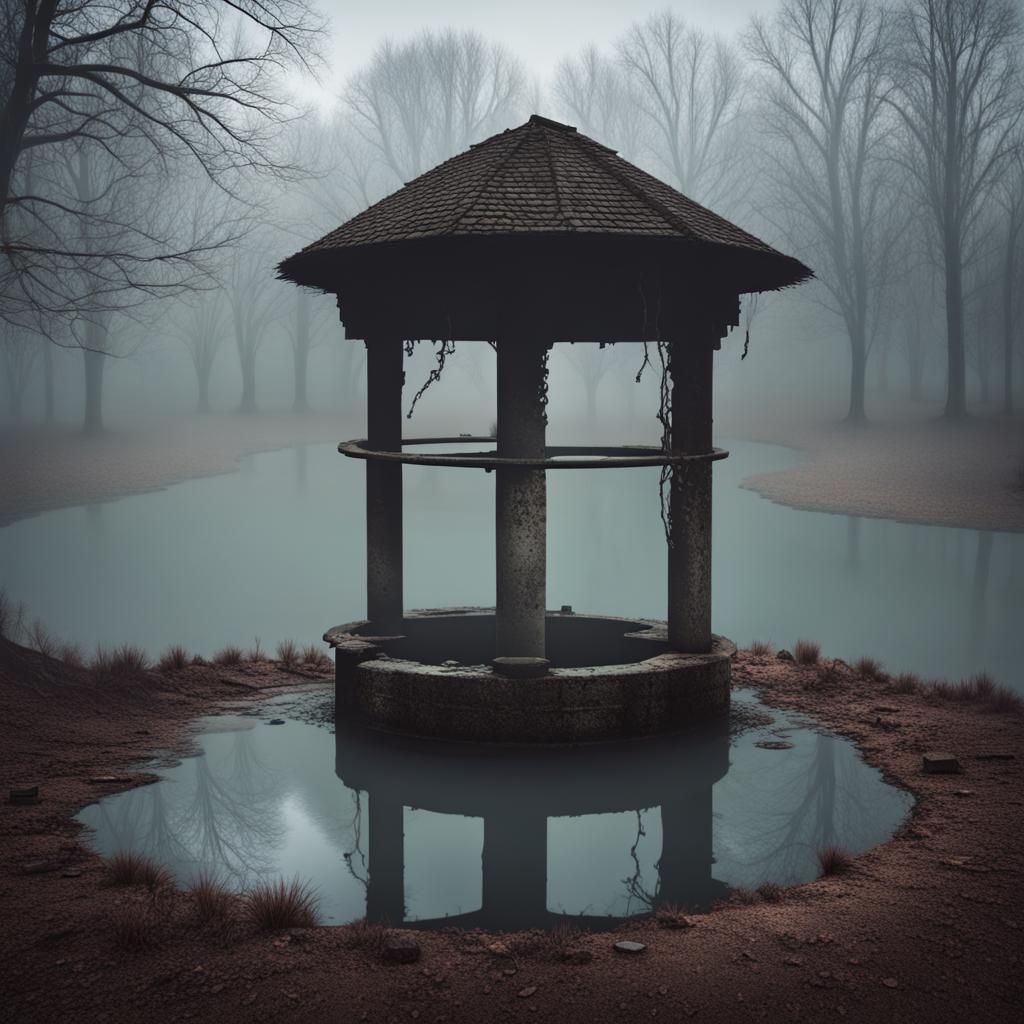 Eerie Abandoned Well in Fog, Horror Atmosphere