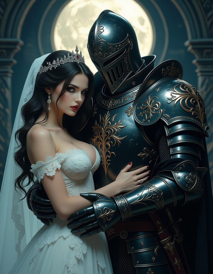 Gothic Knight and Vampire Embrace in Eerie Moonlight