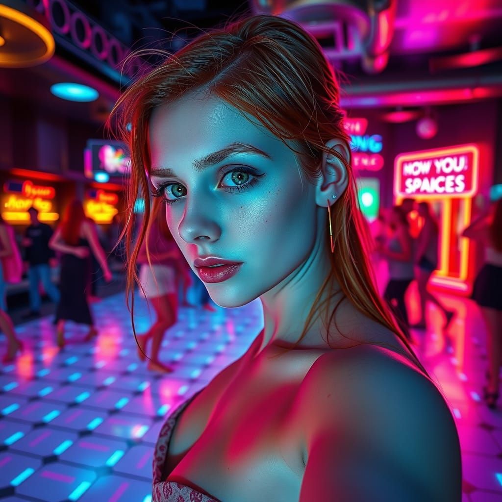 Cyberpunk Discotheque Scene with Redhead Dancer