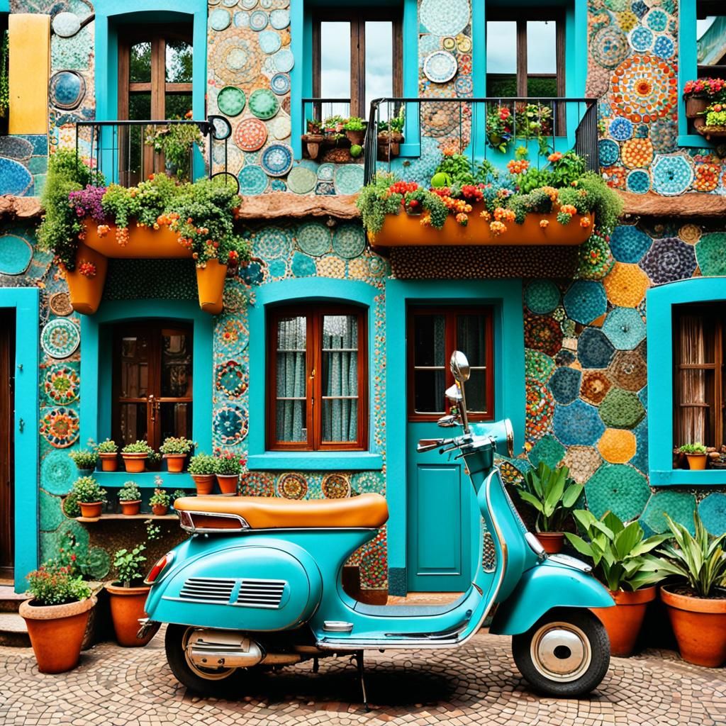 Whimsical Mosaic House with Teal Vespa