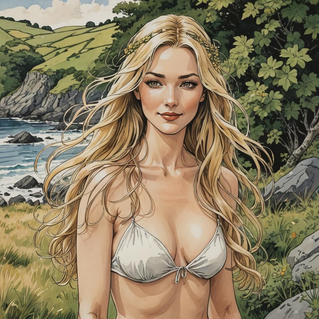Smiling Nude Blonde Woman in Ireland, Anime Style