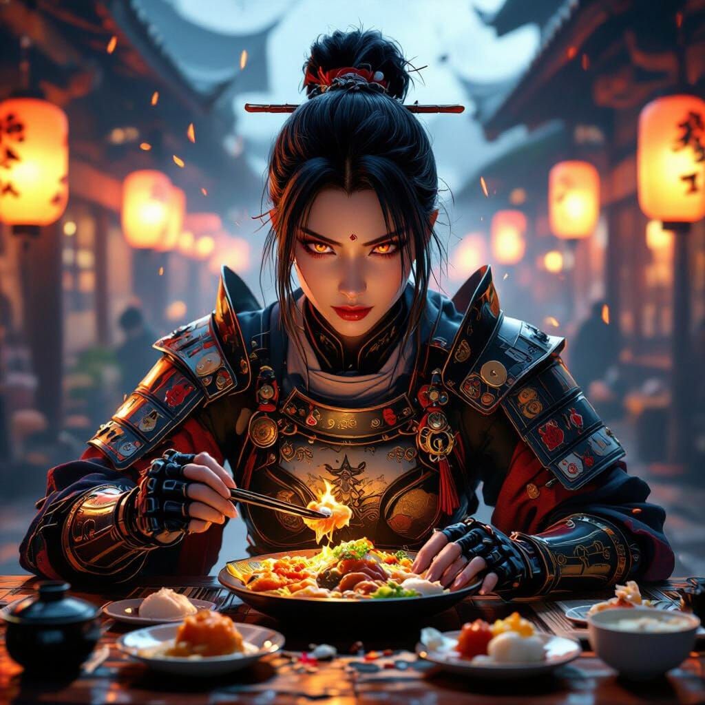 Samurai Warrior Devours Feast in Lantern-Lit Izakaya