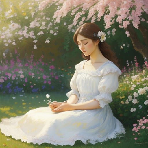 Elegant Woman in a Serene Garden Impressionist Portrait