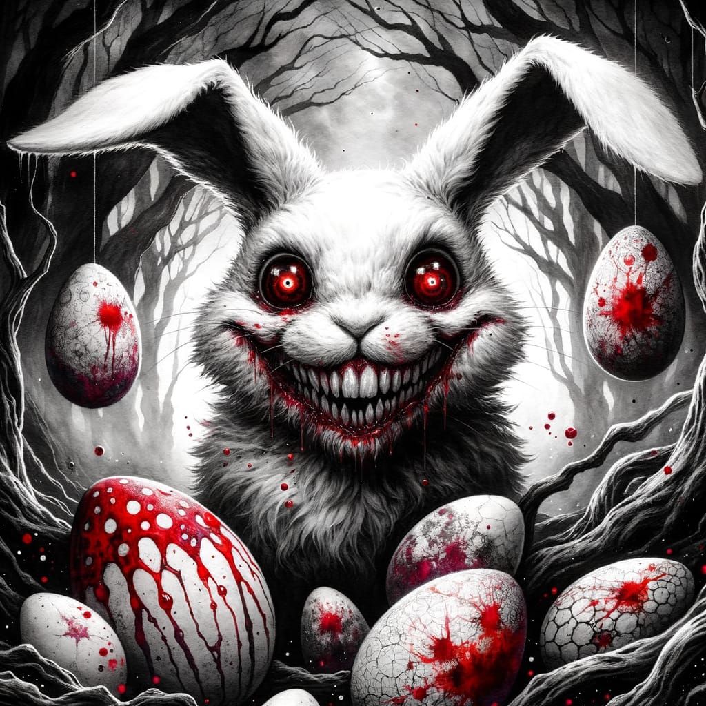 Dark Charcoal Watercolor Easter Bunny in a Twisted Forest