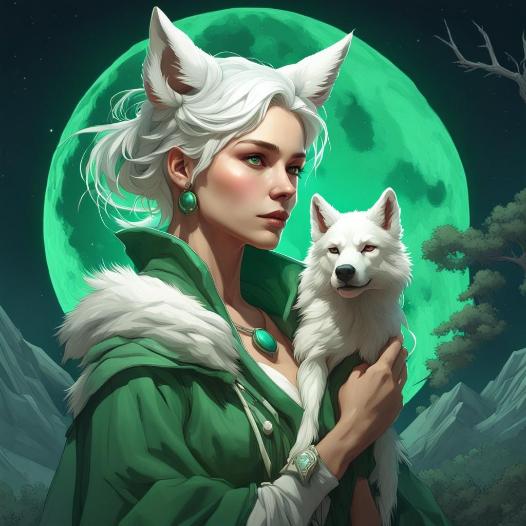 Woman with Wolf Ears and Bird, Art Nouveau Style