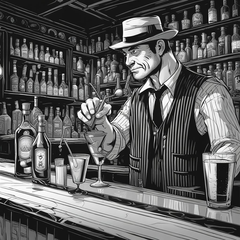 Eccentric Bartender Mixing Cocktail in Art Deco Style