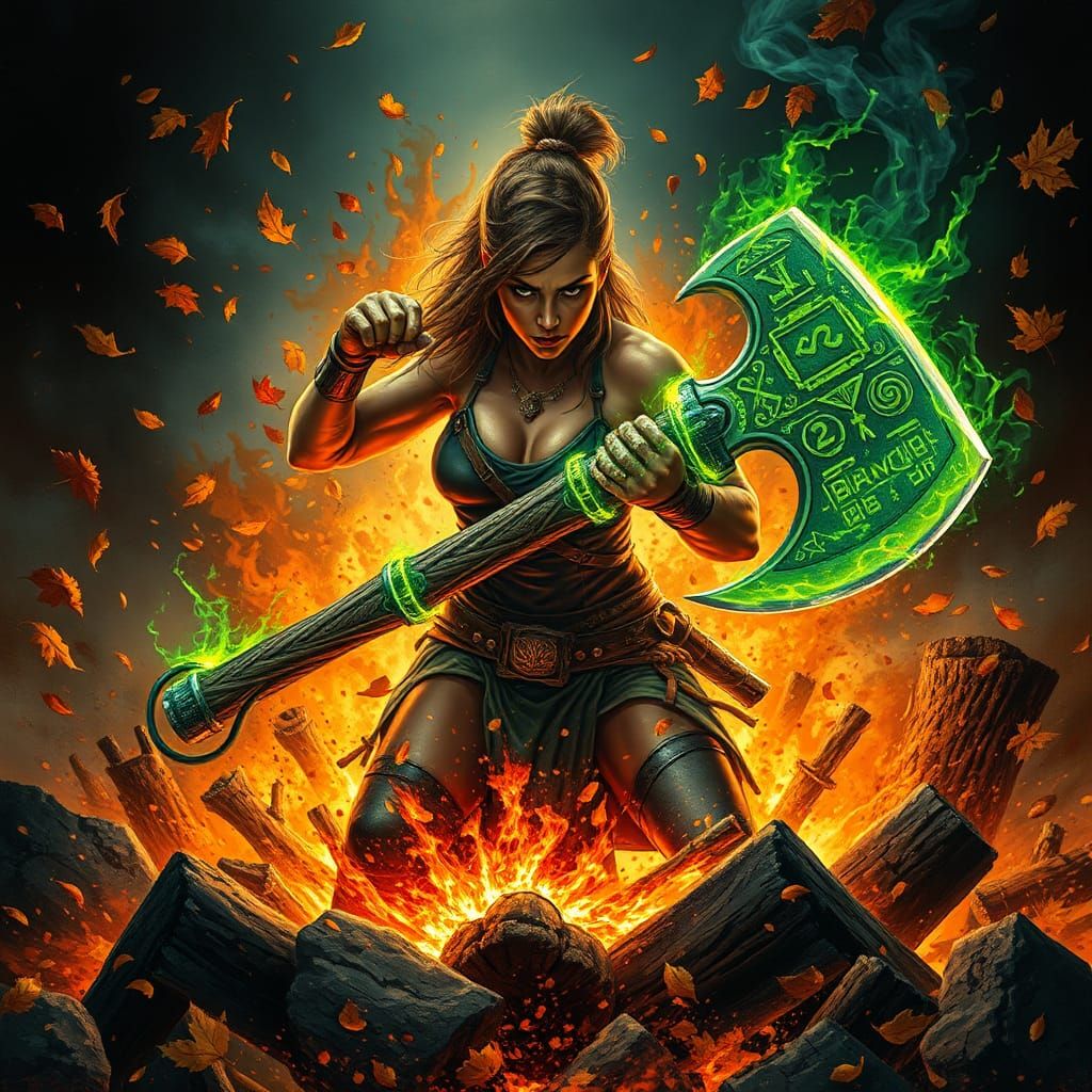 Female Blacksmith Forging Axe with Green Energy