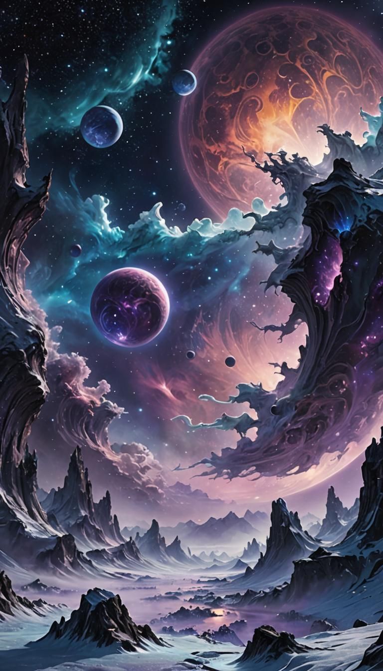 Iridescent Nebula Envelops Ice Planet in Jewel Tones