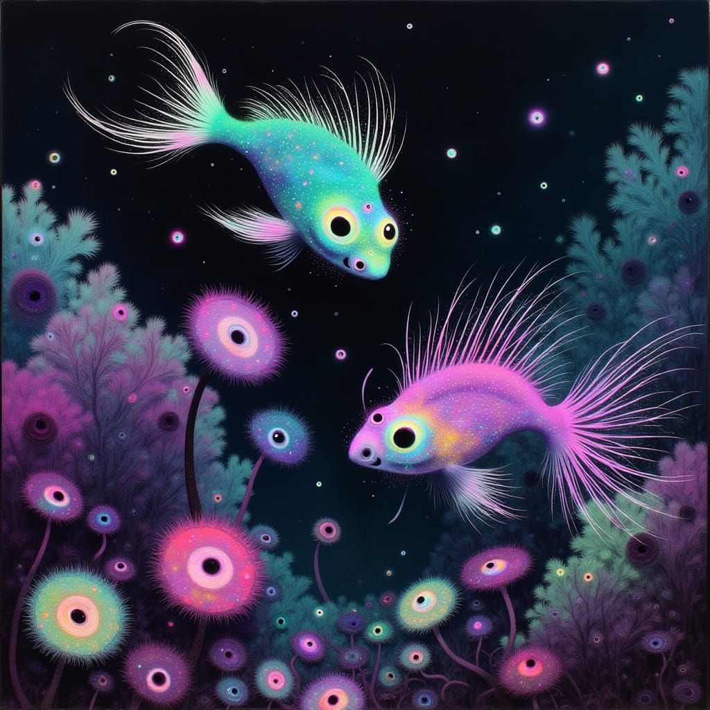 Iridescent Bioluminescent Fishies in a Shimmering Glass Cora...