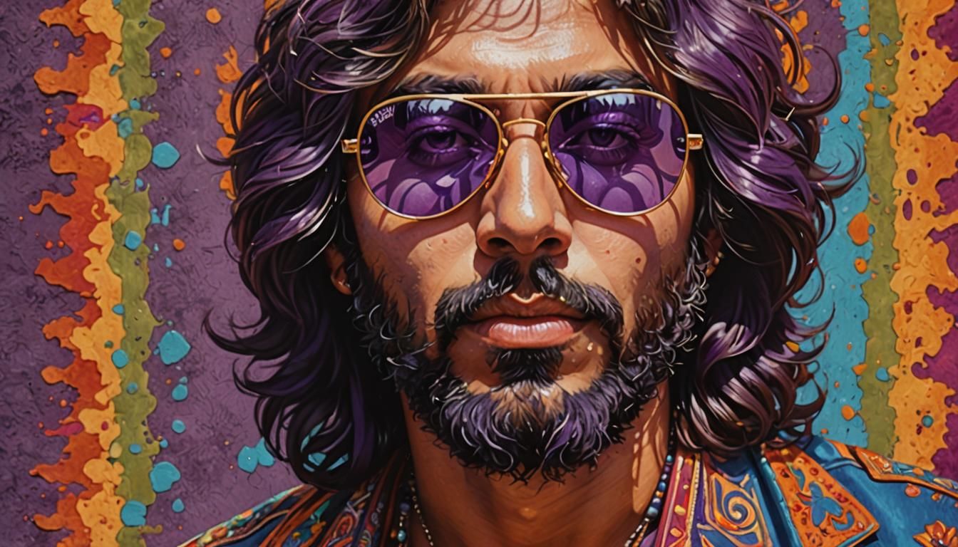 Psychedelic Hippie in 60s Style with Electric Guitar