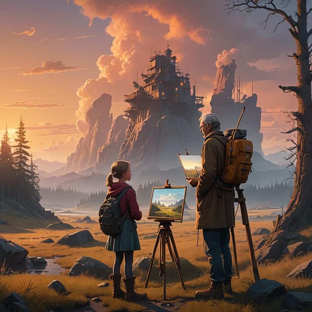 Old Traveler Meets Young Artist in Misty Landscape