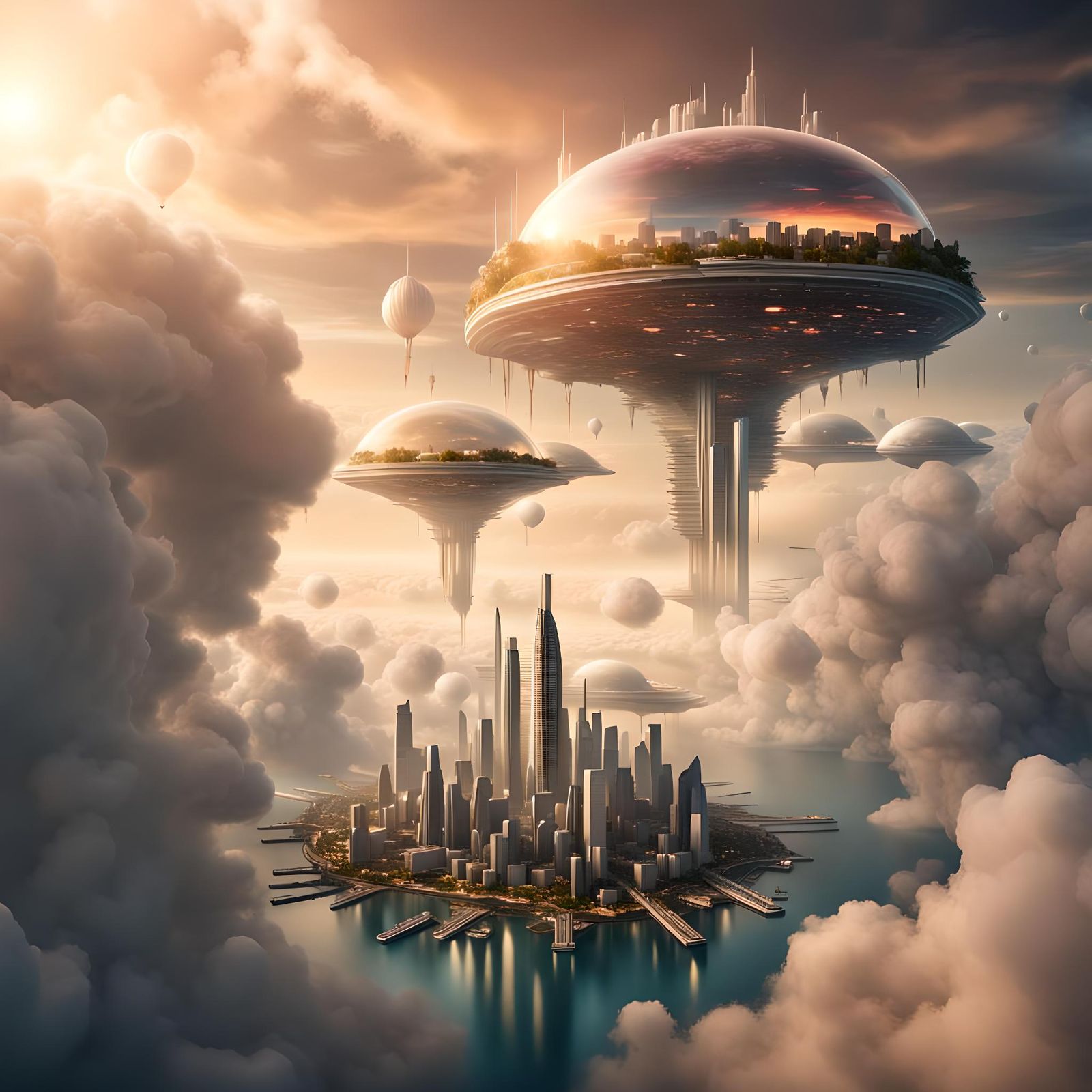Futuristic Floating City in a Hyperrealistic Twilight Landsc...