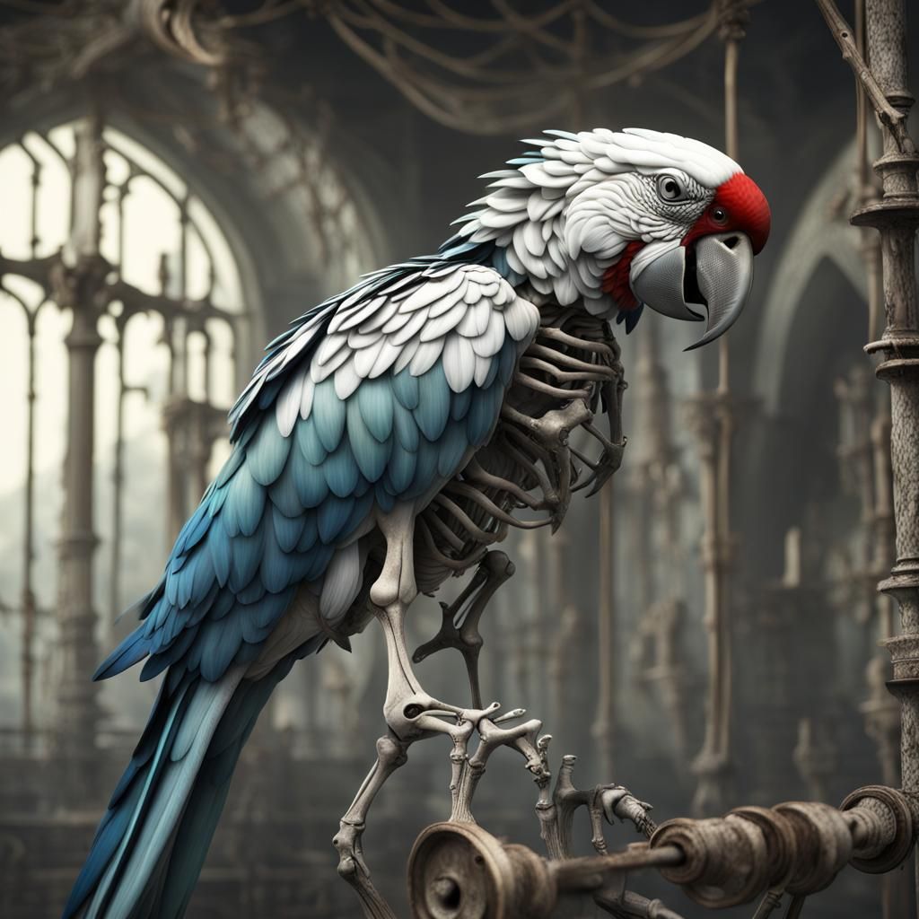 Detailed Matte Painting of a Parrot Skeleton