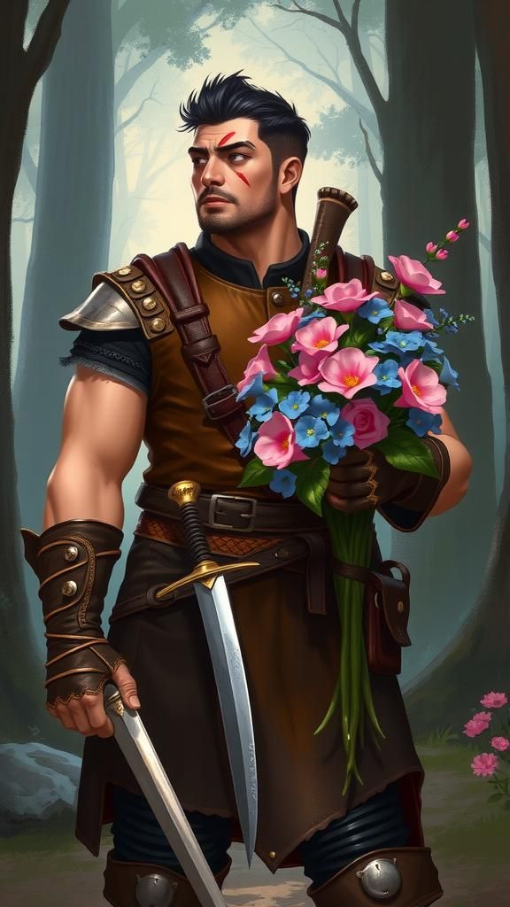 Brawny Man with Flowers in Fantasy Forest