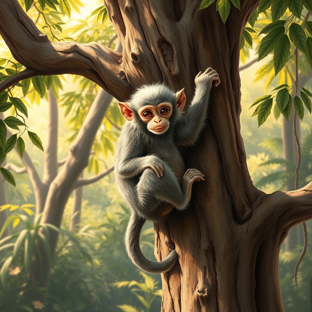 Realistic Monkey Climbing Tree in Lush Forest