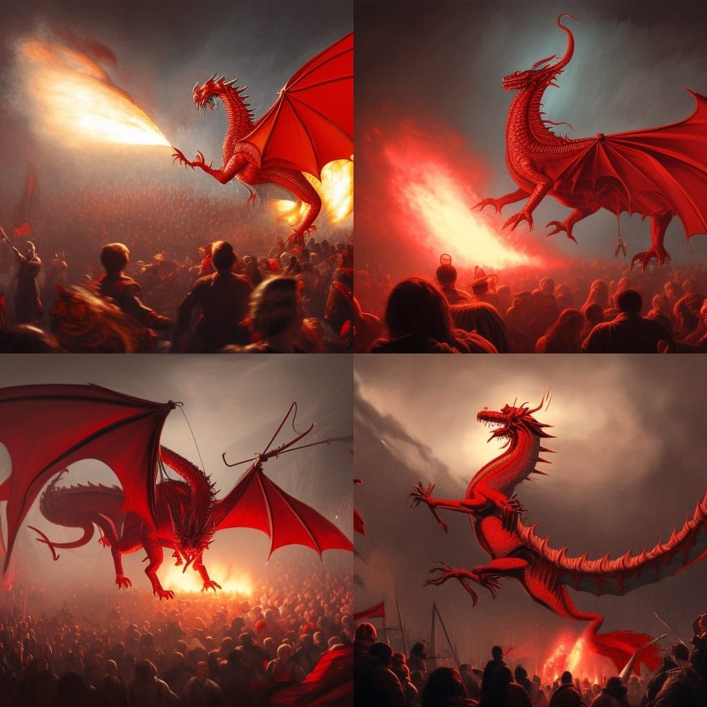 Welsh Dragon Unleashes Fire at Circus, Dark Fantasy Art