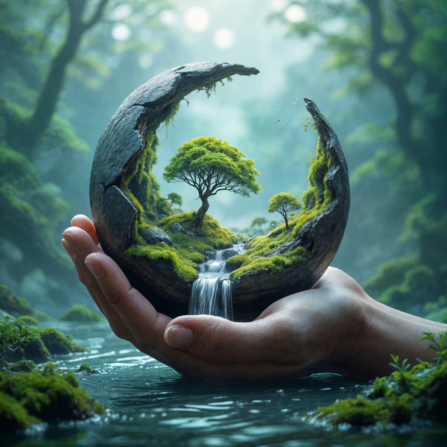 Giant Hand Holds World: Surreal Photorealistic Ecosystem