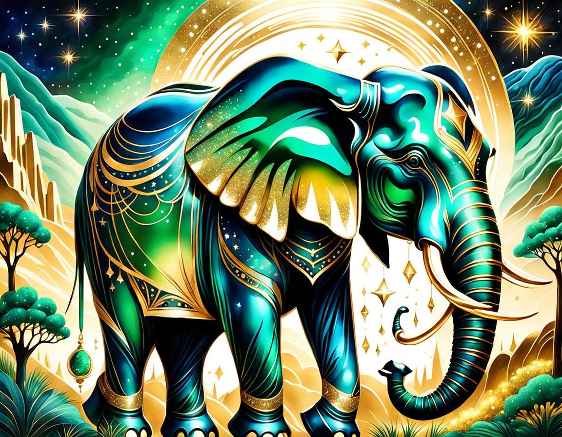 Emerald Glass Elephant in Cosmic Dreamscape